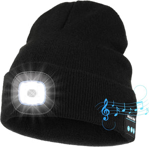 Unisex Bluetooth Beanie with Light, Upgraded Musical Knitted Cap with Headphone and Built-in Stereo Speakers & Mic, LED Hat for Running Hiking, for Men Women Dad (Black)