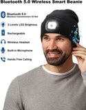 Unisex Bluetooth Beanie with Light, Upgraded Musical Knitted Cap with Headphone and Built-in Stereo Speakers & Mic, LED Hat for Running Hiking, for Men Women Dad (Black)