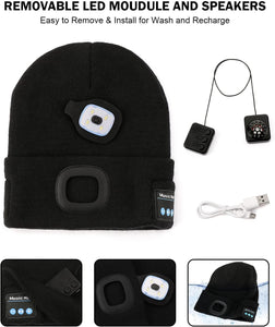 Unisex Bluetooth Beanie with Light, Upgraded Musical Knitted Cap with Headphone and Built-in Stereo Speakers & Mic, LED Hat for Running Hiking, for Men Women Dad (Black)