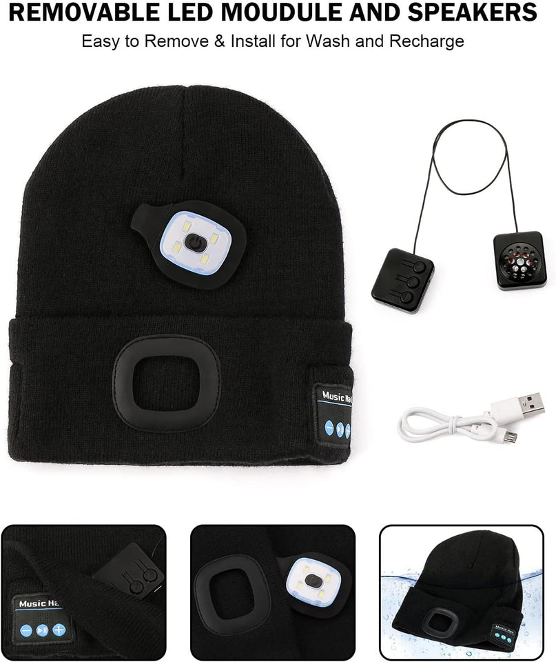 Unisex Bluetooth Beanie with Light, Upgraded Musical Knitted Cap with Headphone and Built-in Stereo Speakers & Mic, LED Hat for Running Hiking, for Men Women Dad (Black)