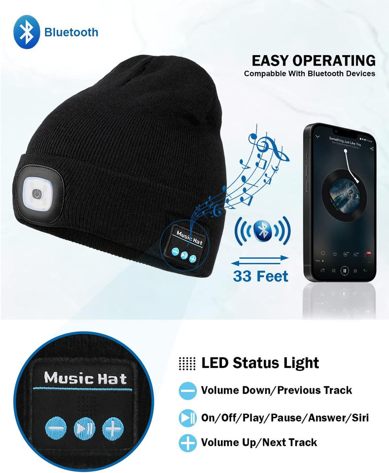 Unisex Bluetooth Beanie with Light, Upgraded Musical Knitted Cap with Headphone and Built-in Stereo Speakers & Mic, LED Hat for Running Hiking, for Men Women Dad (Black)