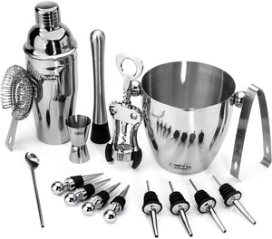 Buddy 16-Piece Wine and Cocktail Mixing Bar Set–Bartender Kit w/Essential Barware Tools-Large 25 oz. Stainless Steel Shaker, Ice Bucket, Muddler, Double Sided Jigger