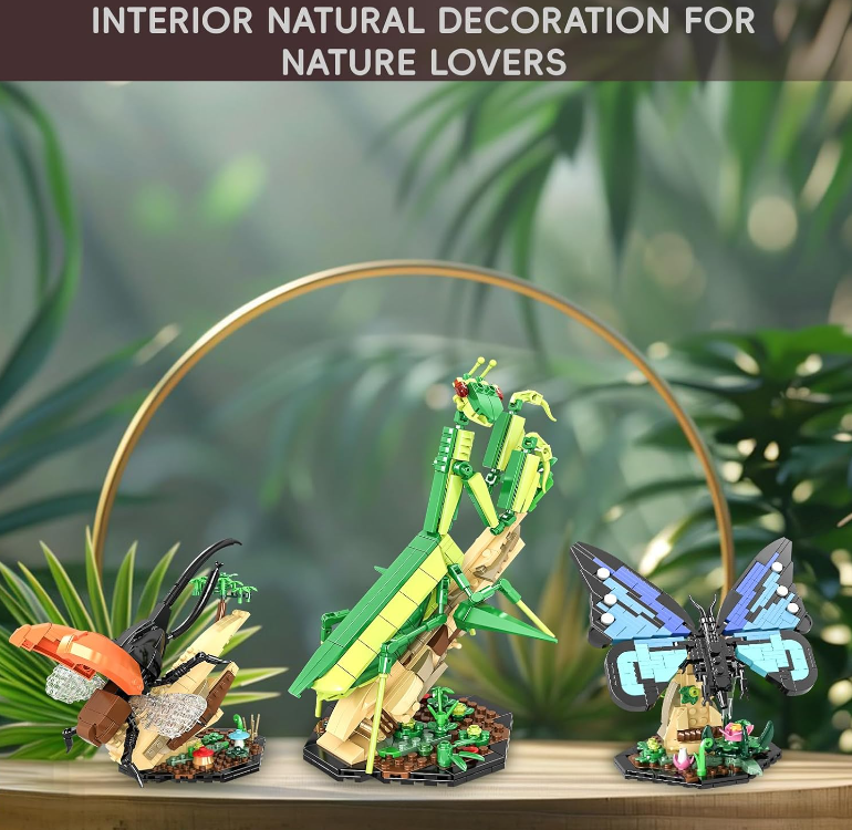 Insect Collection Building Toy Set, with Life-Size Blue Butterfly, Mantis and Beetle Display Models, Fun Gift for Nature Lovers, Bug Building Office Home Decorative, Gifts Ideal for Adults Kid 6+