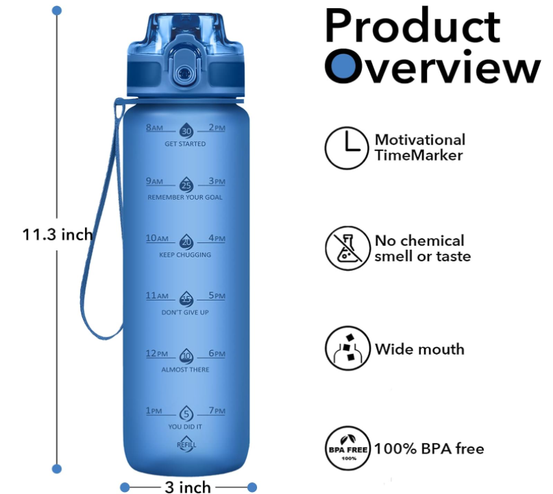 32oz Motivational Water Bottles with Time Marker & Fruit Strainer, Single Color Water Bottle with Times to Drink, Leakproof & BPA Free, Reusable Plastic Bottle with Strap (No Straw)